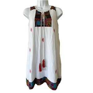 THML XS Women's Santa Fe Sleeveless Lined Mini Dress Cotton & Linen Embroidered